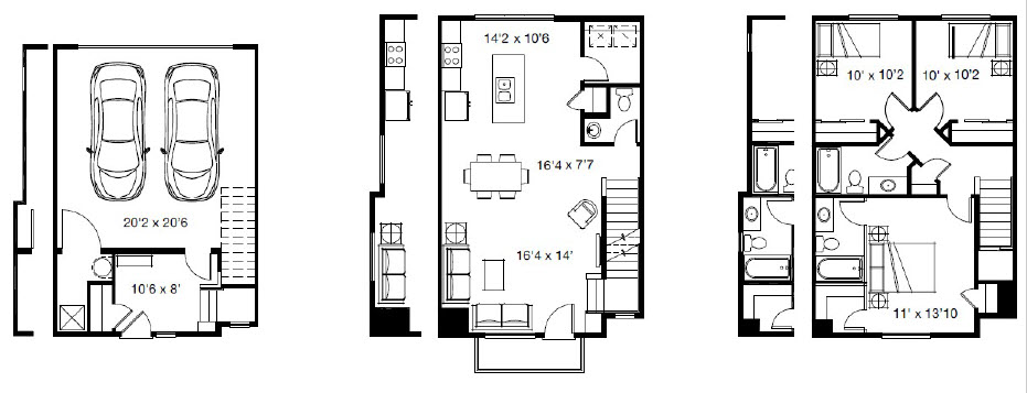 Floor plan for 3 beds, 2.5 baths, 1529 sqft